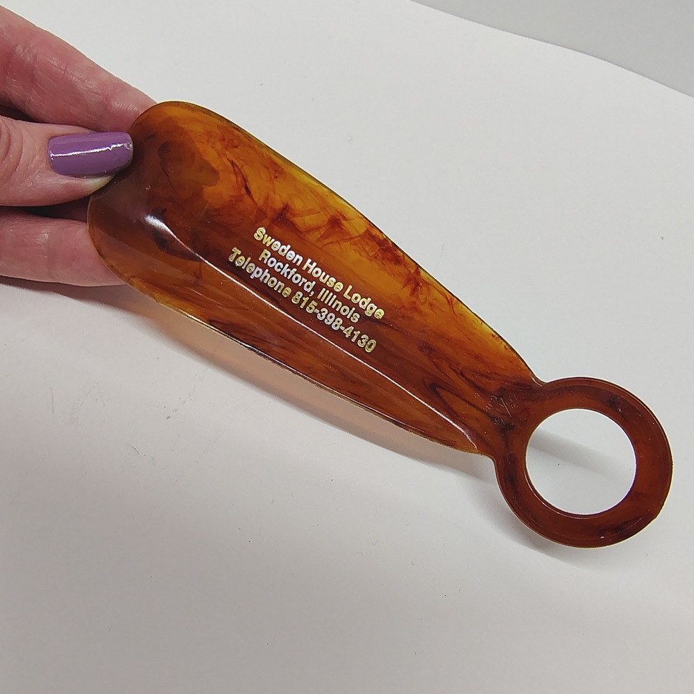 Vintage Sweden House Lodge Shoe Horn Rockford IL Marbled Brown Advertising 5.5in